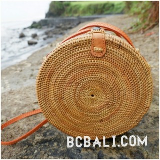 women handbag ata grass rattan circle leather strap 